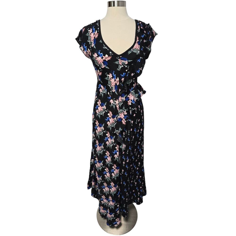 White Closet Black Floral Print Ruffled Lace Up Back Maxi Dress Women's Medium